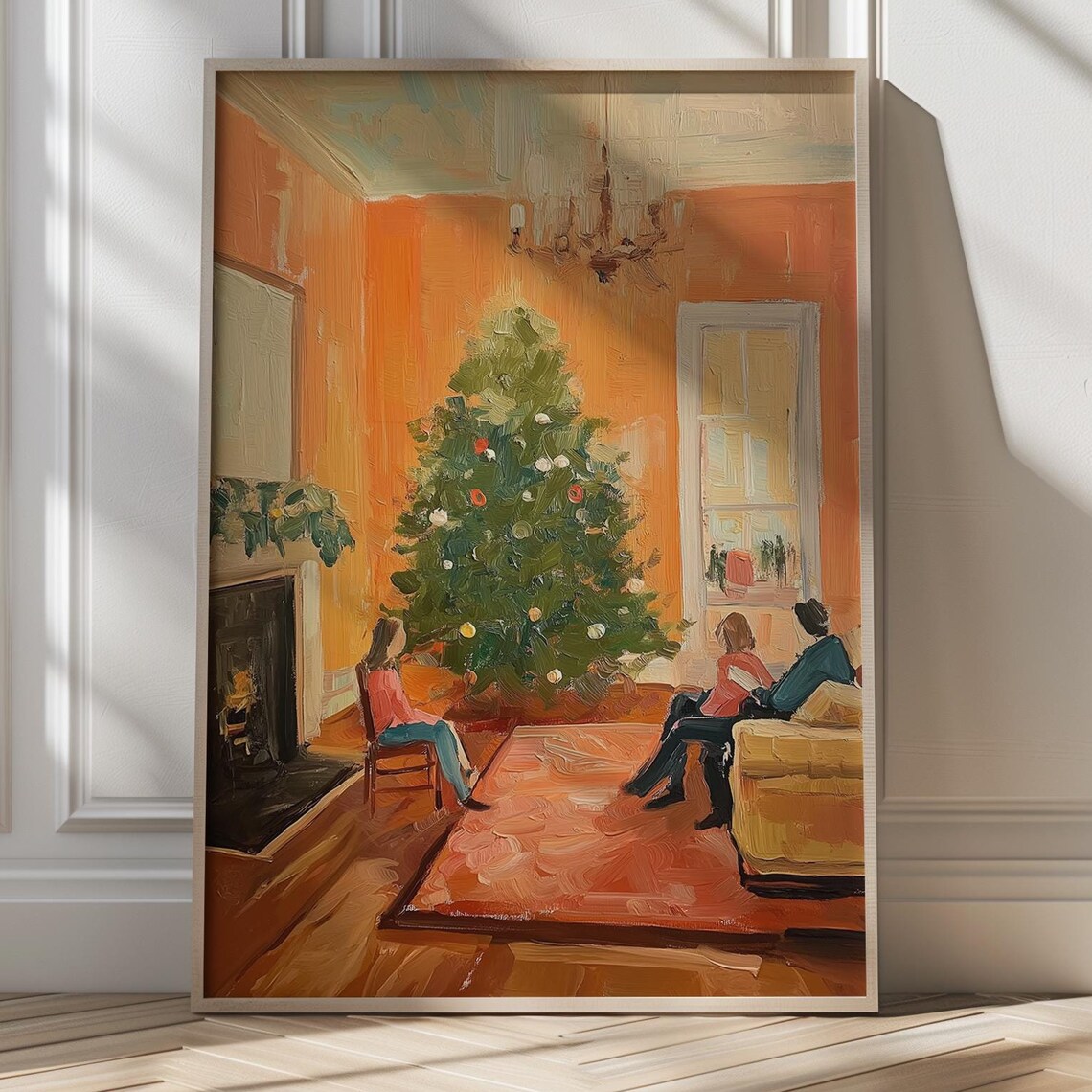 Family Gathered Around Christmas Tree In Warm Living Room Poster