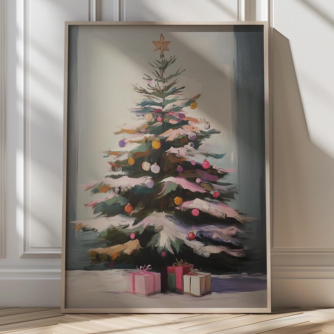 Snowy Christmas Tree With Ornaments Art Poster Holiday Wall Decor