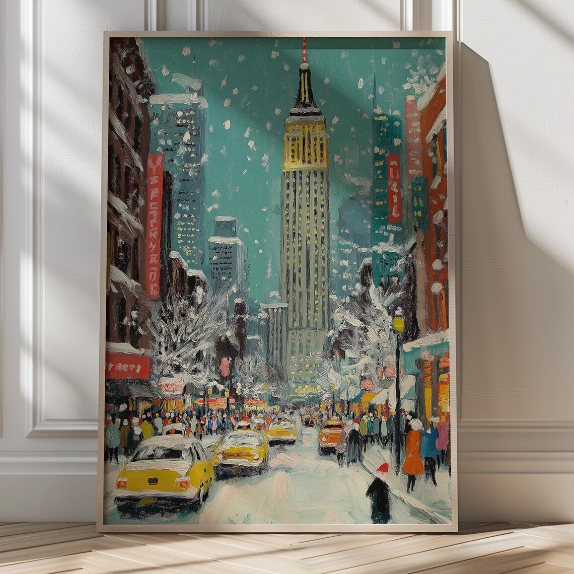 Snowy New York Street With Empire State Building Taxis Poster