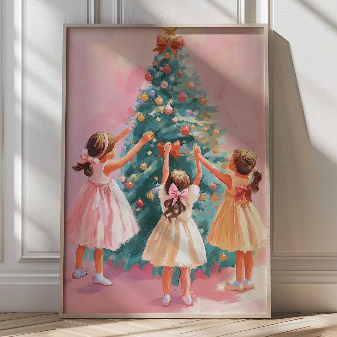 Three Little Girls Decorating Christmas Tree Pink Art Poster