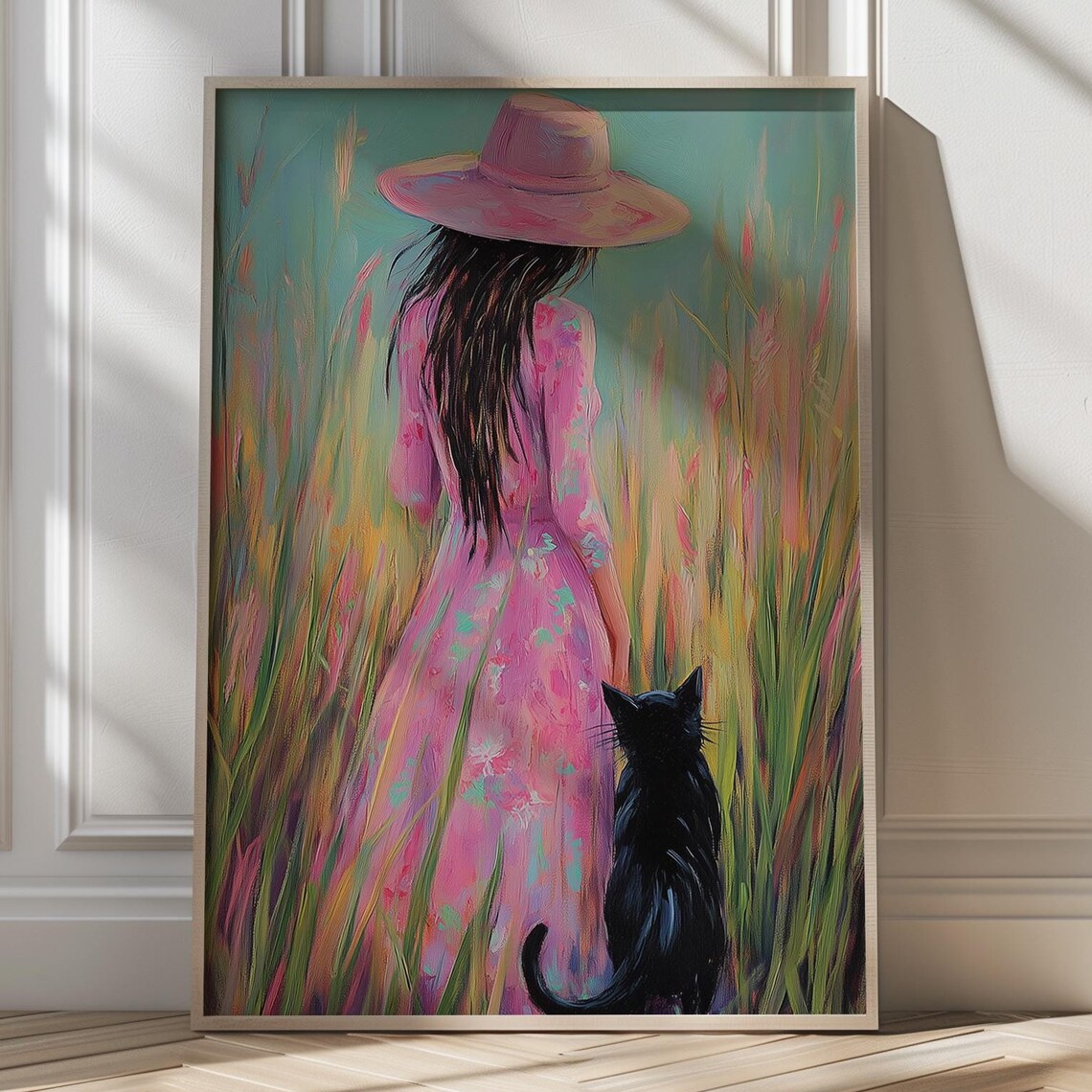 Romantic Woman in Pink Dress with Black Cat Meadow Art Poster