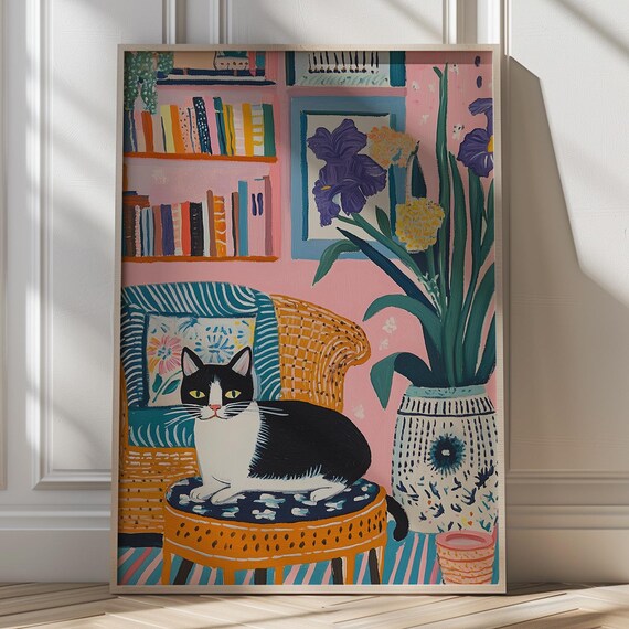 Matisse Inspired Tuxedo Cat in a Cozy Pink Reading Corner Poster