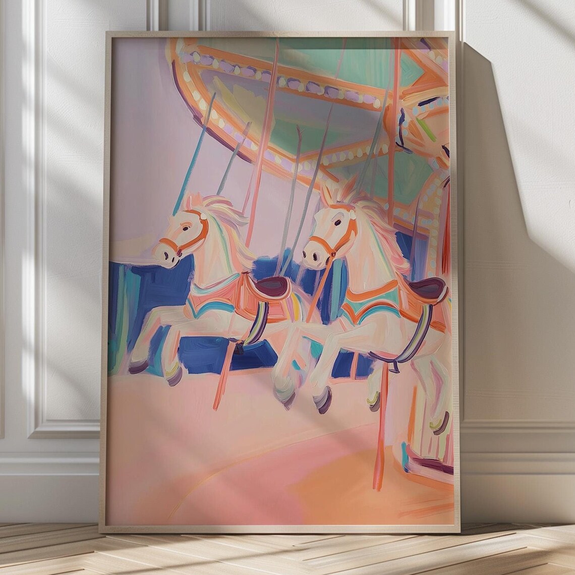 Pastel Carousel Horses Whimsical Fairground Ride Wall Poster