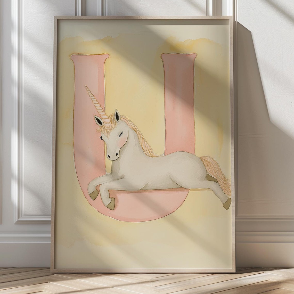 Unicorn Letter U Pastel Nursery Art Poster for Baby Room Wall Decor