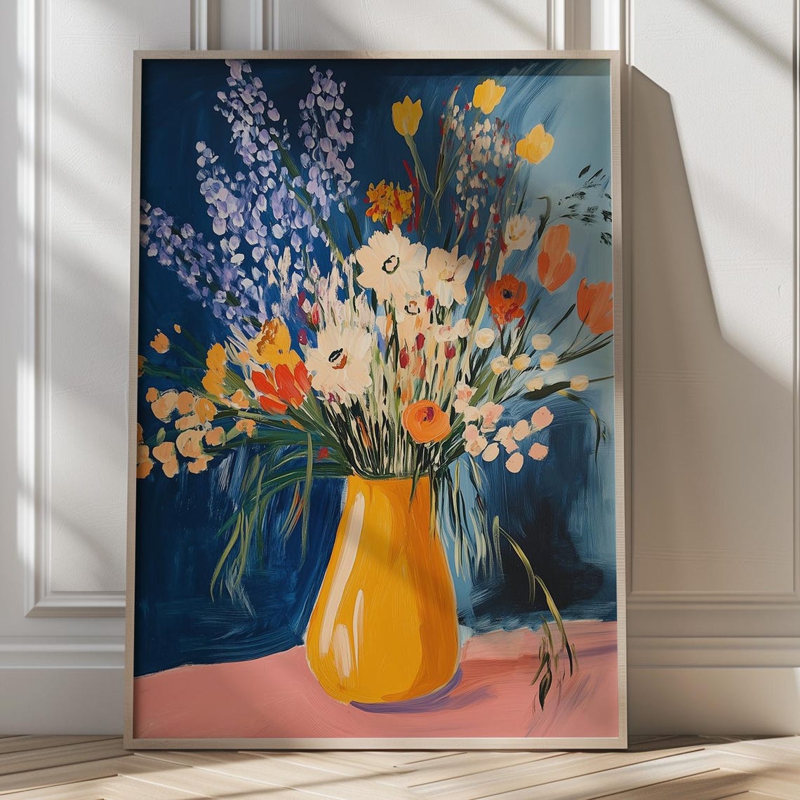 Wildflower Bouquet Yellow Vase Navy Background Floral Poster