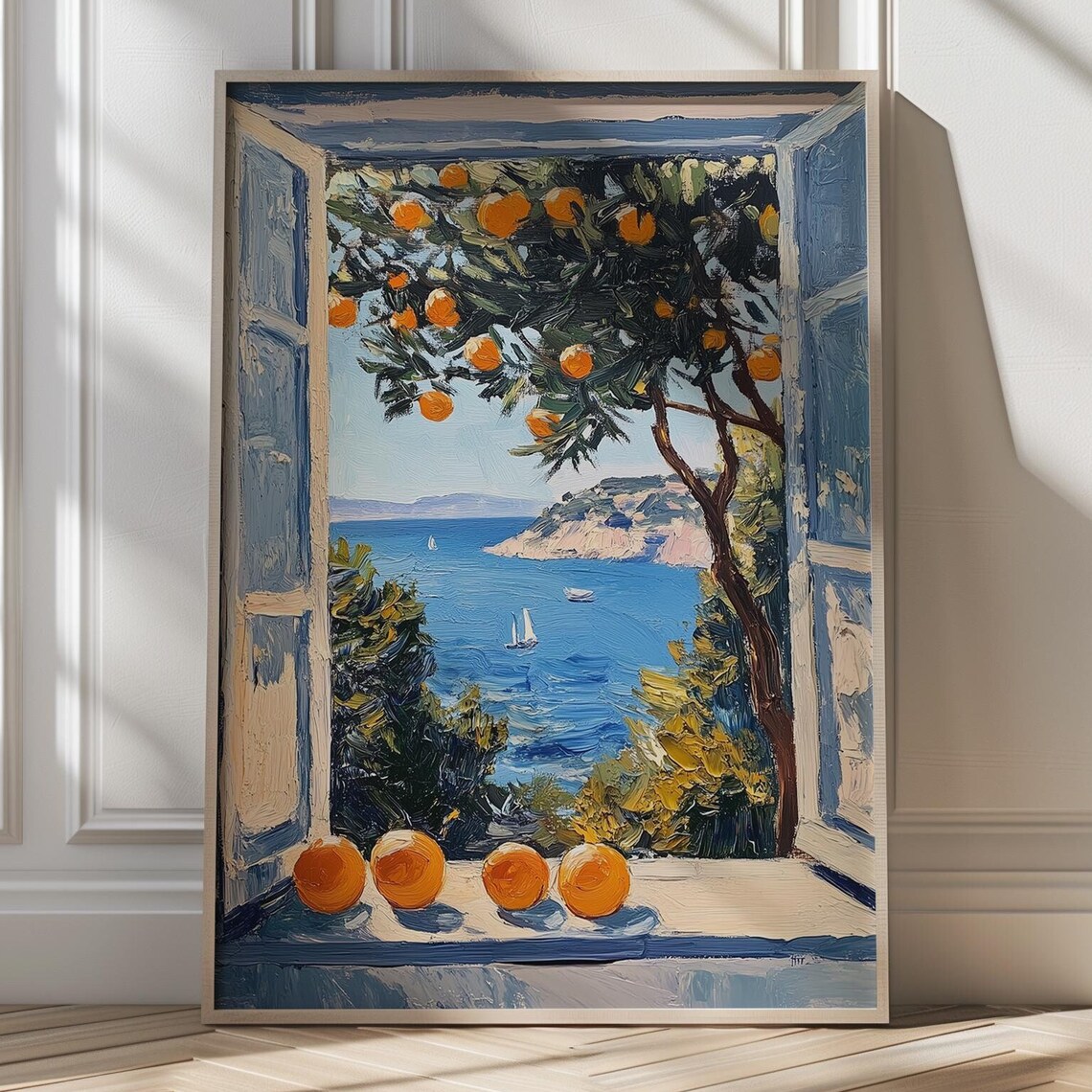 Mediterranean Orange Tree View Over Coastal Sea Travel Poster