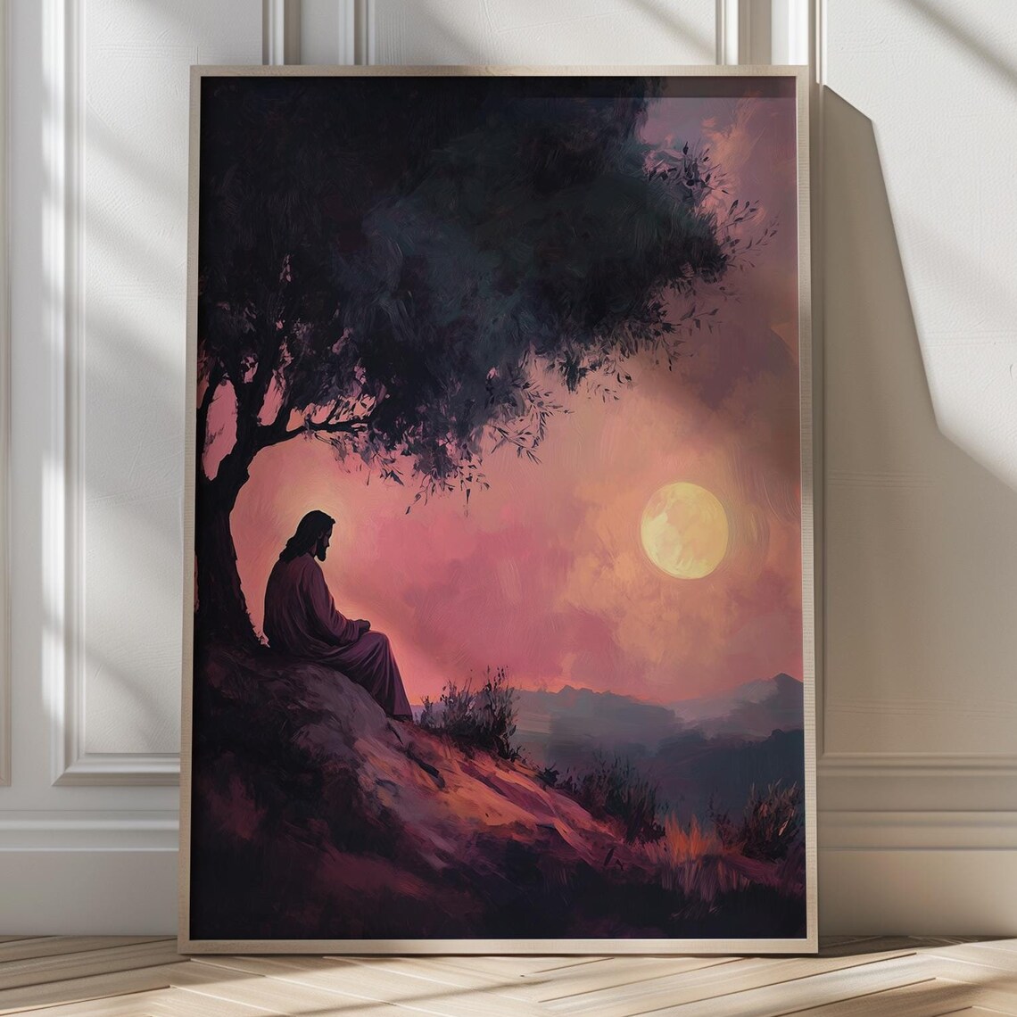 Jesus Praying Beneath a Tree at Sunset Moonlight Christian Poster