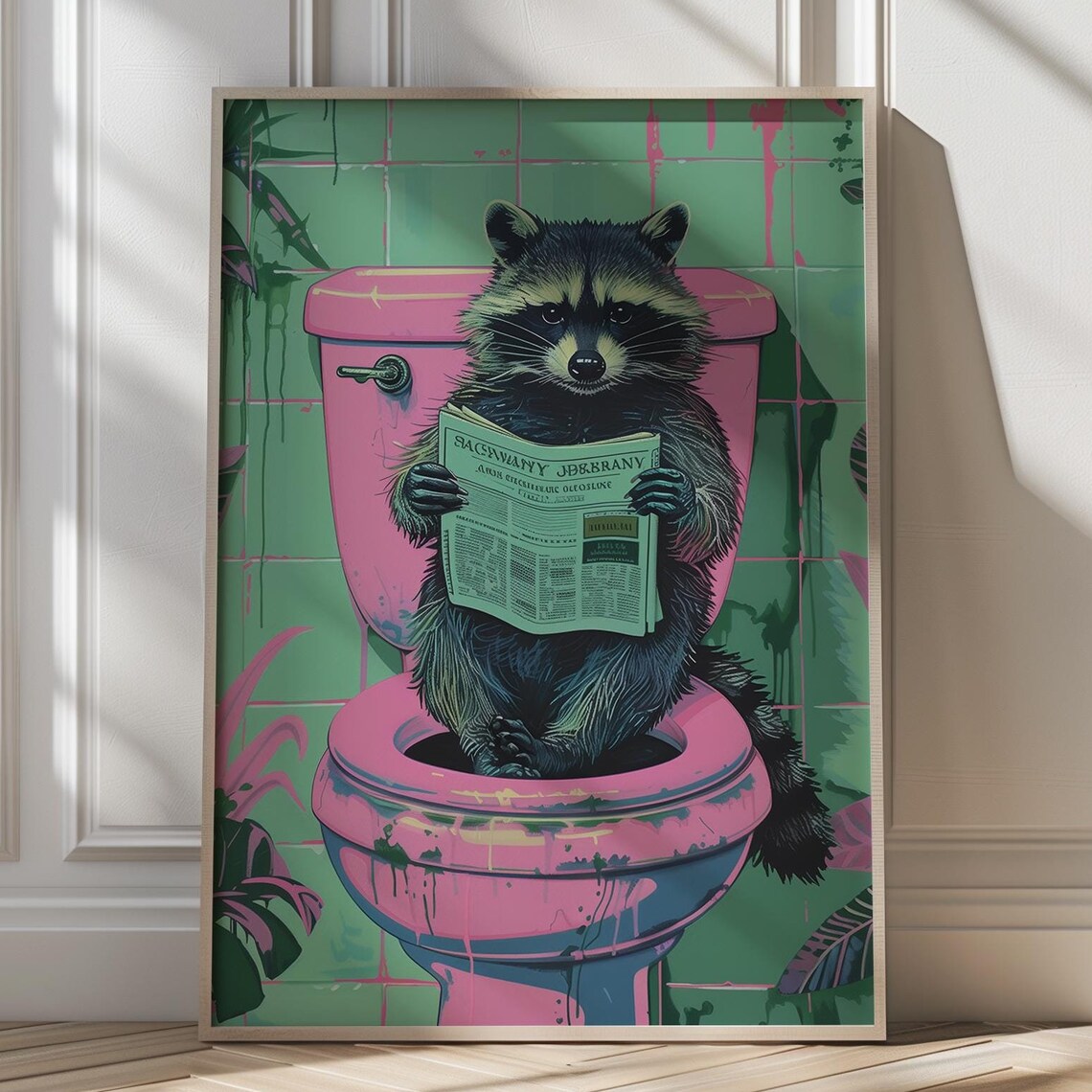Funny Raccoon Reading Newspaper On Pink Toilet Bathroom Poster