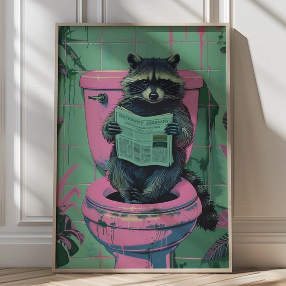Quirky Raccoon Bathroom Print Bold Maximalist Wall Decor Funny Animal Wall Art Wall Art Bathroom Wall Art Dopamine Decor