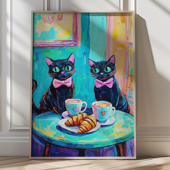 Two Black Cats With Pink Bow Ties Parisian Cafe Scene Poster