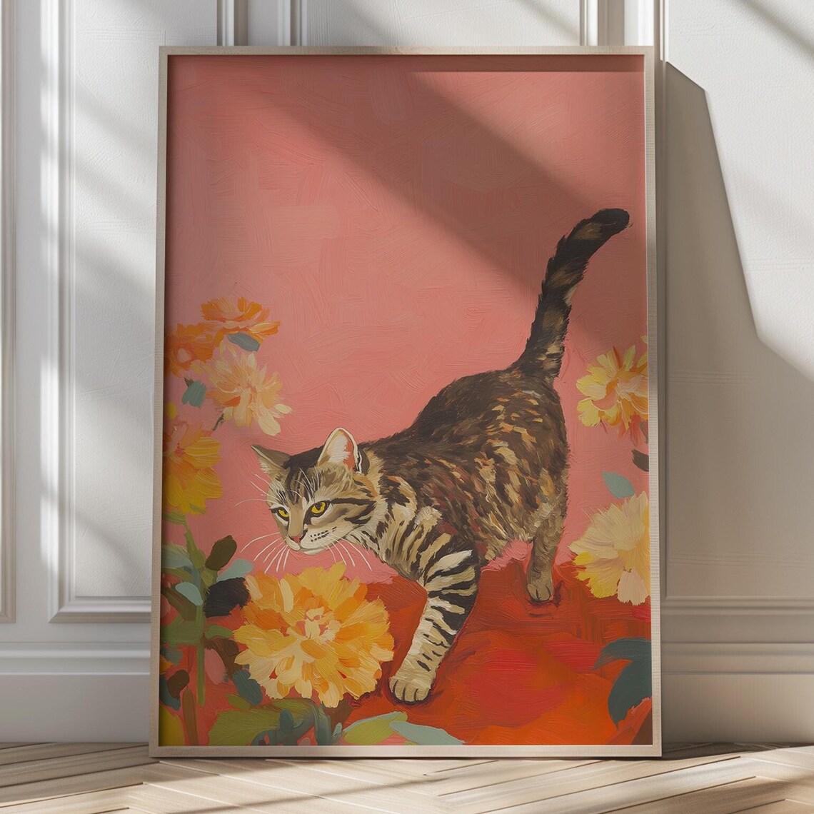 Tabby Cat Floral Art Print, Pink and Orange Poster