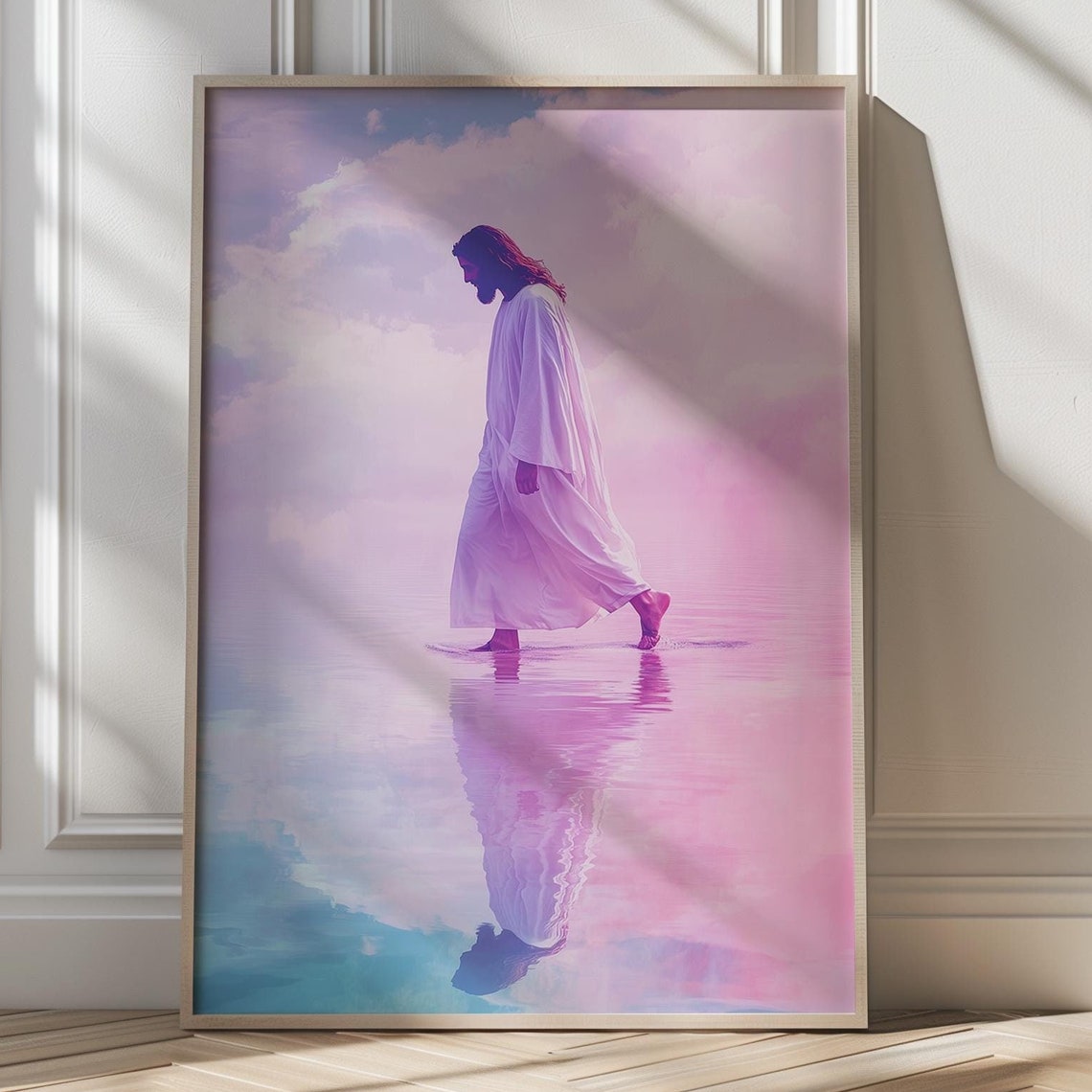Jesus Walking on Water Beneath Pink and Purple Light Art Poster