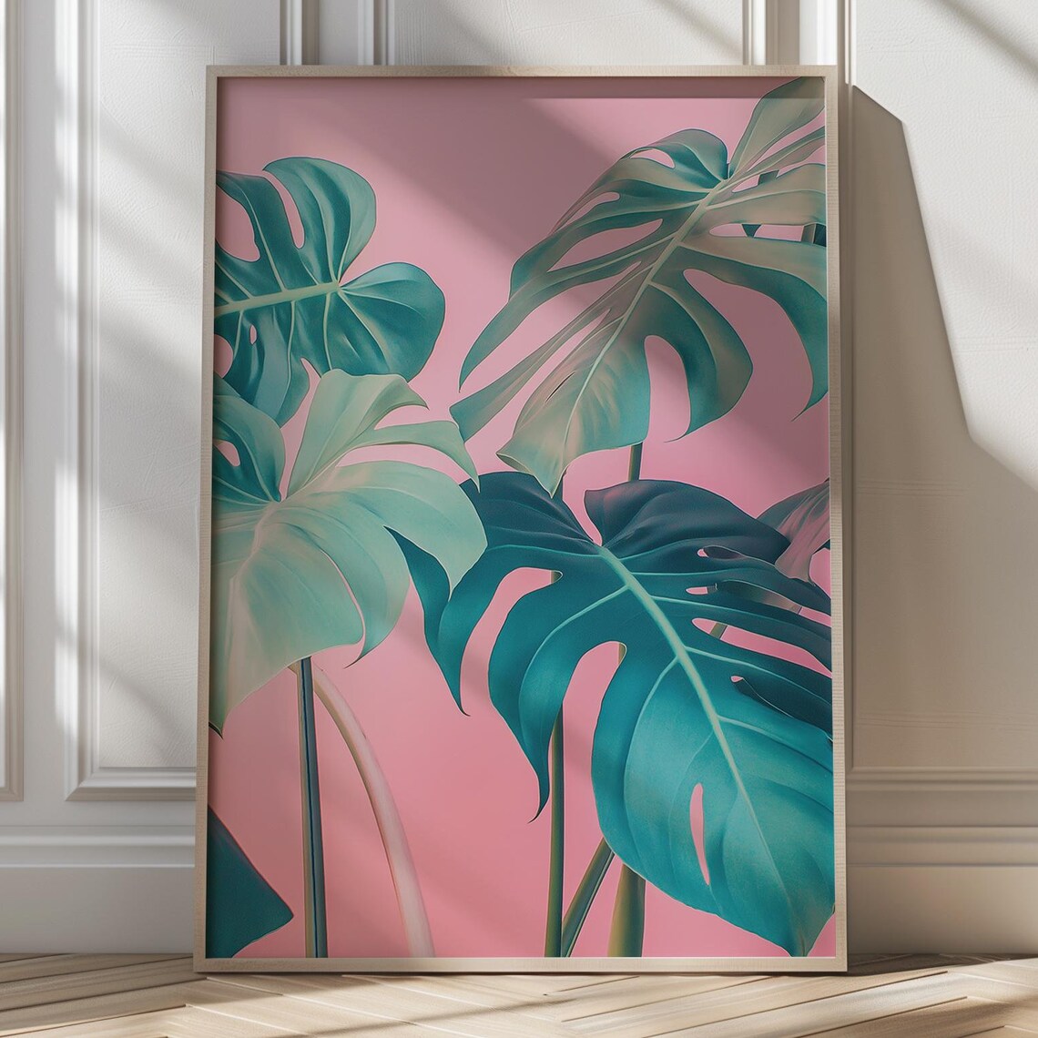 Monstera Leaves on Pink Background Art Poster Tropical Botanical Decor