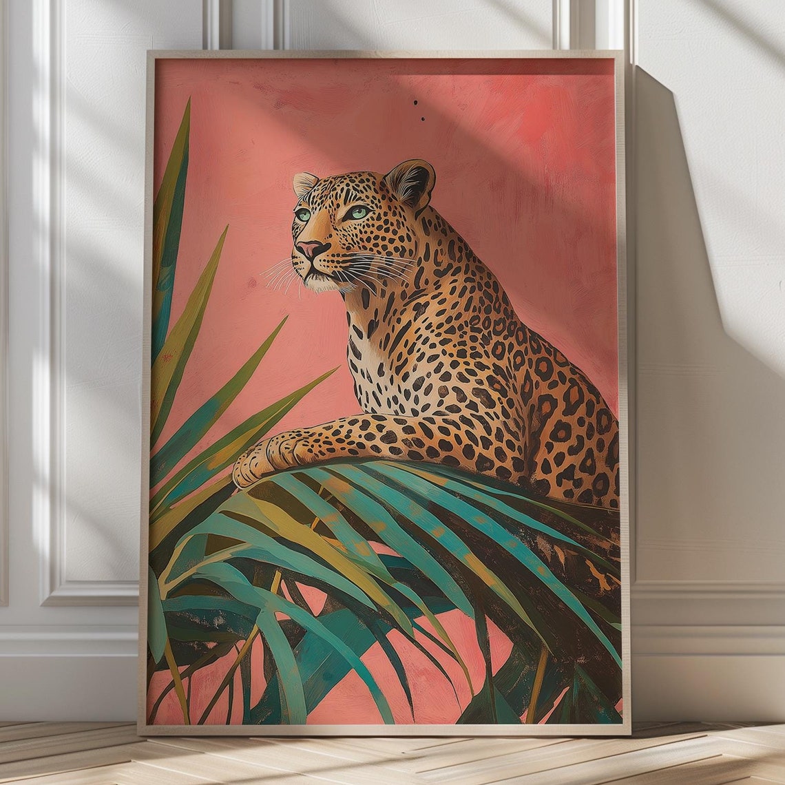 Spotted Leopard Resting on Palm Leaves Pink Background Art Poster