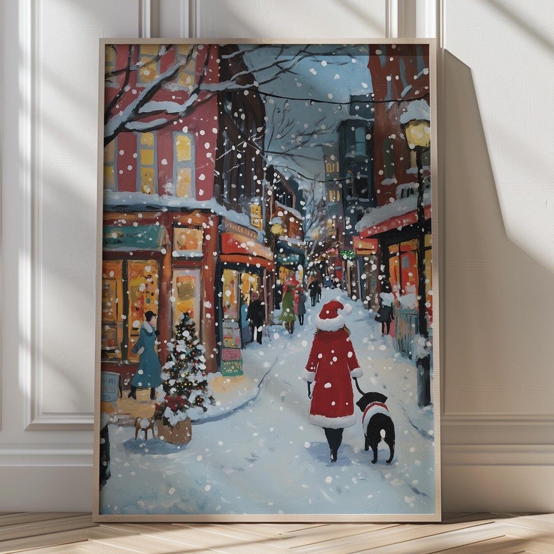 Snowy City Lights Art Festive Holiday Street Scene Christmas Wall Art Cozy Winter Illustration Seasonal Home Decor Charming Xmas Gift Card