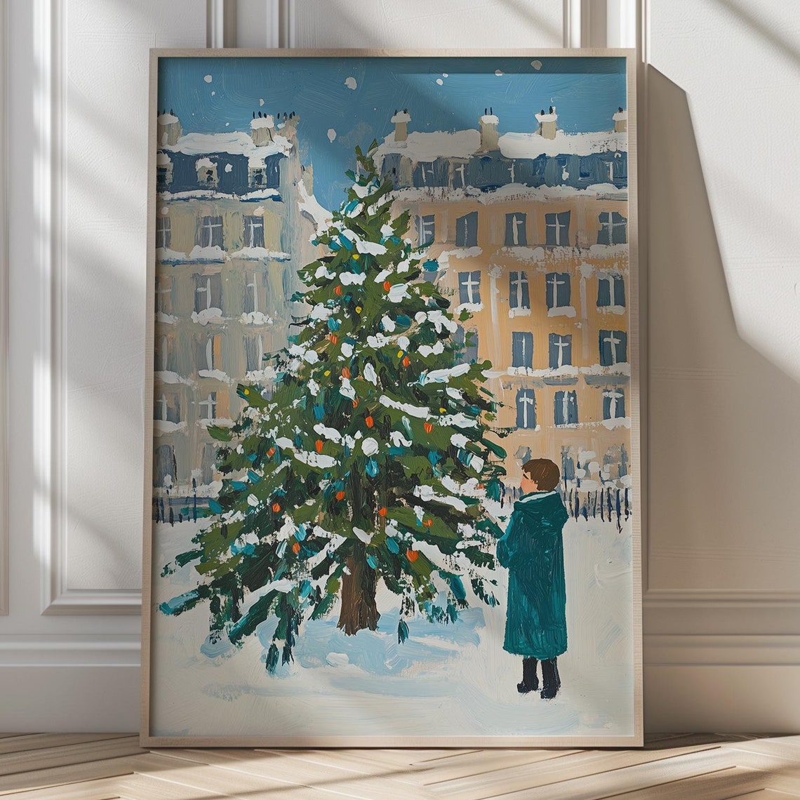 Christmas Tree In Snowy Parisian City Square Child Scene Poster