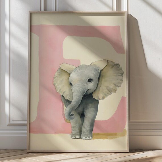 Baby Elephant Letter E Pastel Nursery Art Poster for Kids Room Decor