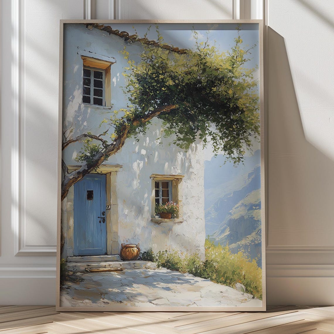 Sunny Mediterranean White Cottage Blue Door Rustic Summer Poster