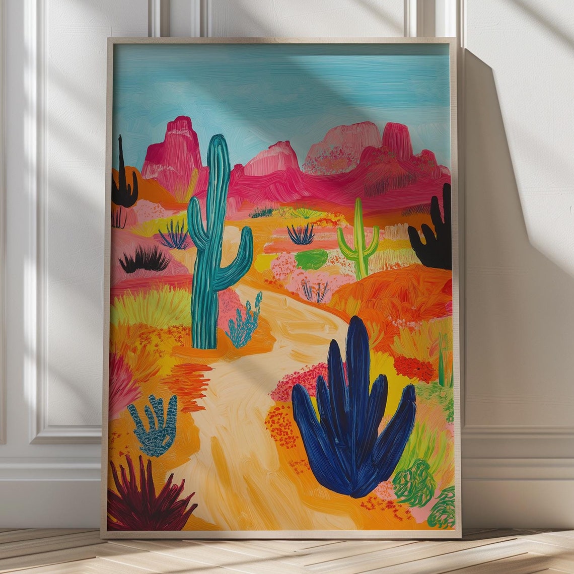 Colorful Desert Landscape With Saguaro Cacti And Pink Mesas Poster