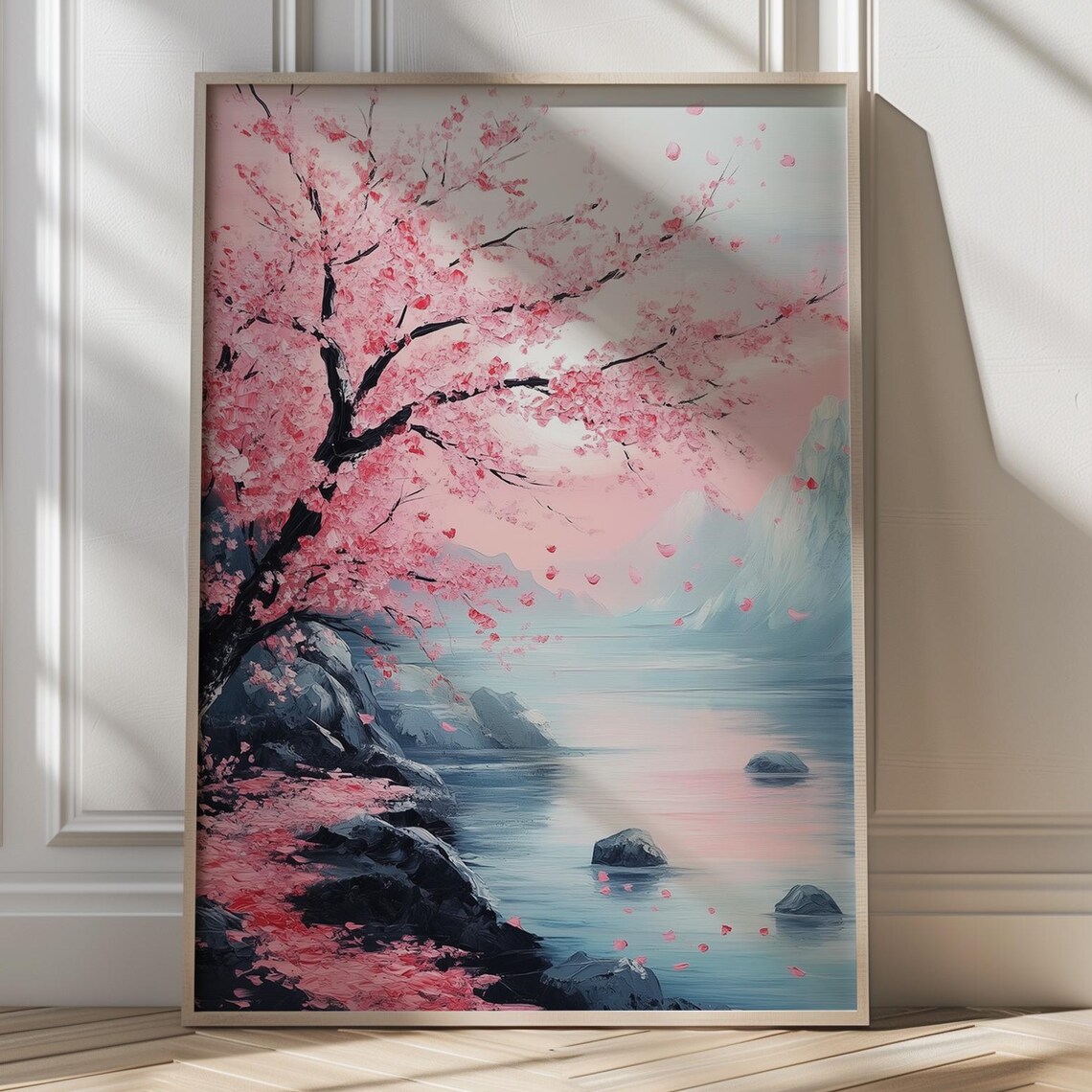 Pink Cherry Blossom Over Misty Lake Japanese Landscape Poster