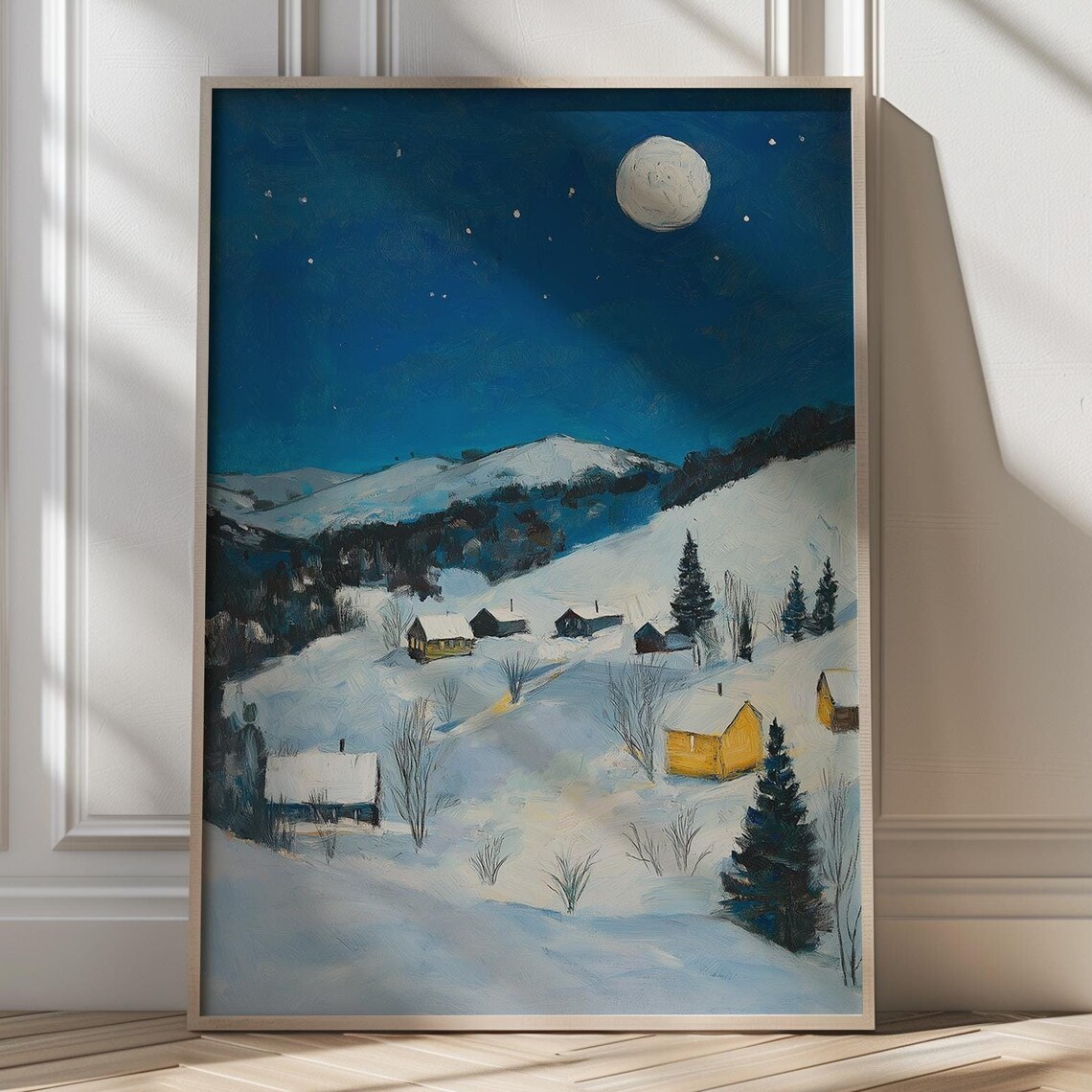 Snowy Mountain Village At Night Under Full Moon Winter Poster