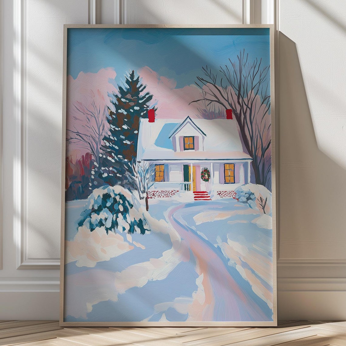 Snowy White Cottage With Wreath And Windows Under Pink Clouds Poster