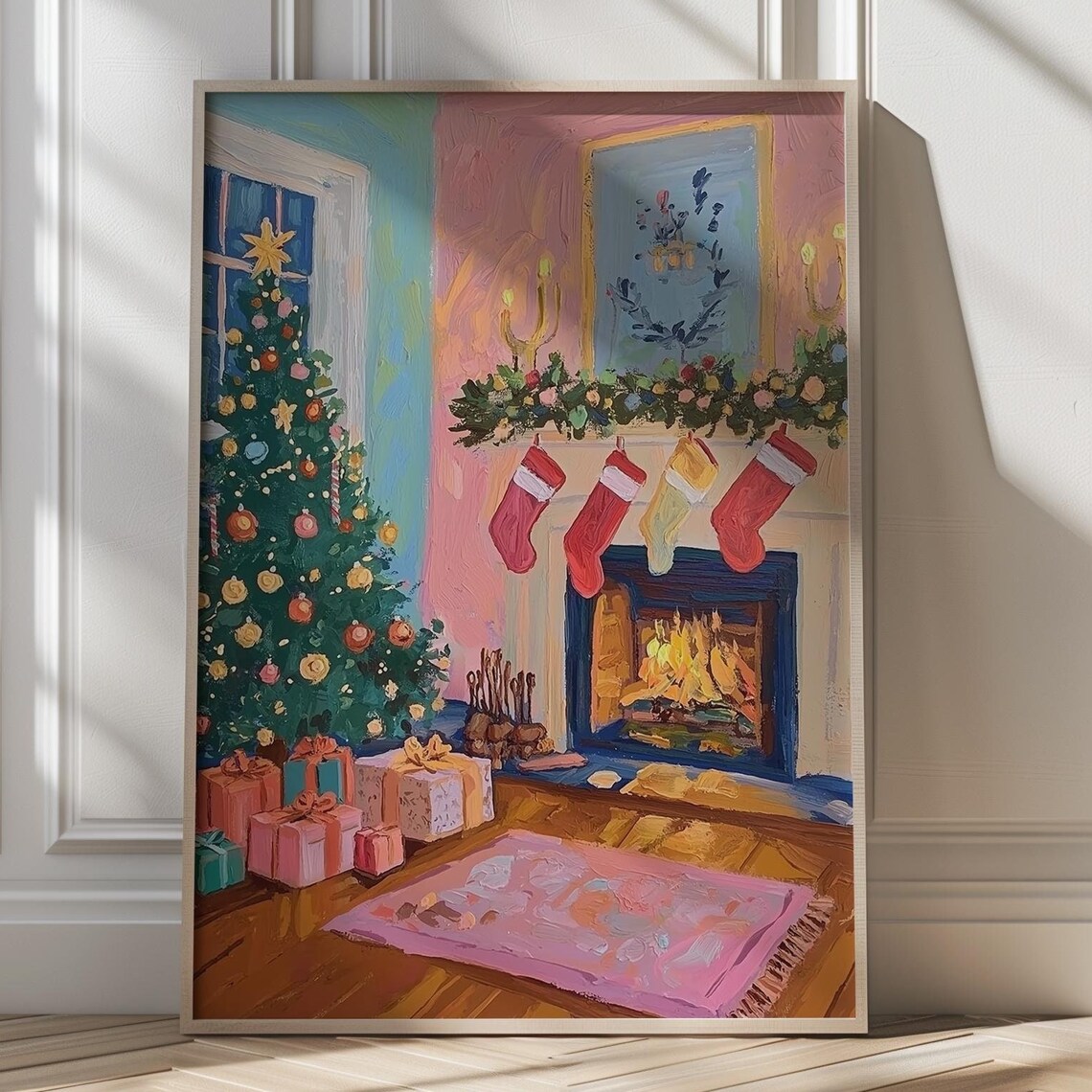 Cozy Christmas Living Room With Fireplace And Stockings Poster