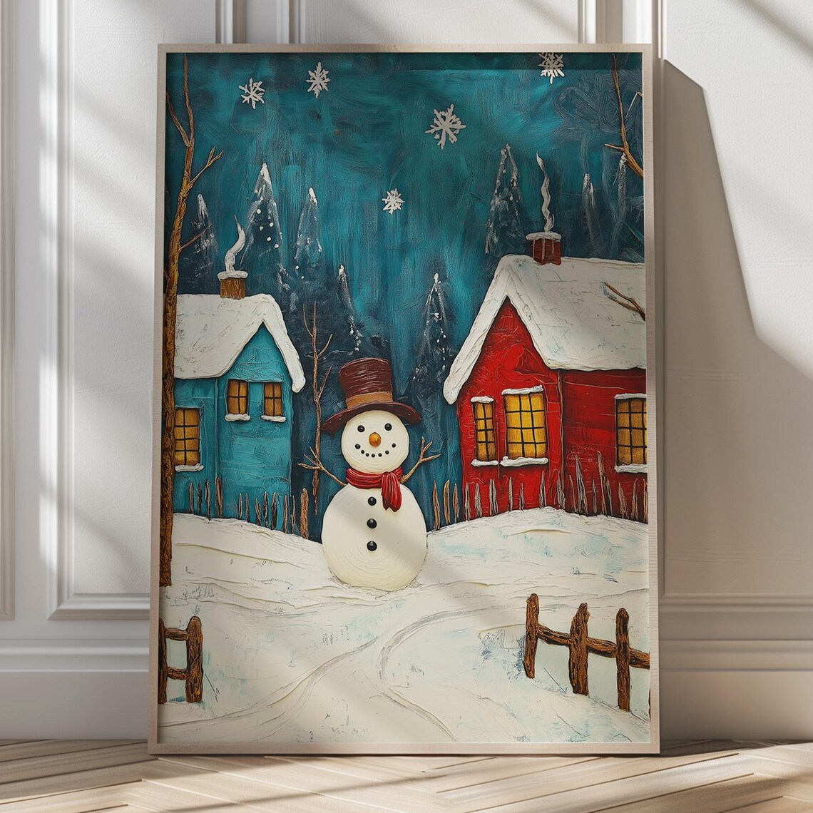 Cheerful Snowman In A Snowy Village On A Winter Night Poster