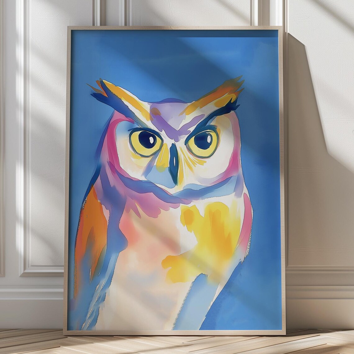 Colorful Owl Watercolor Art Poster on Bold Blue Background Wall Decor