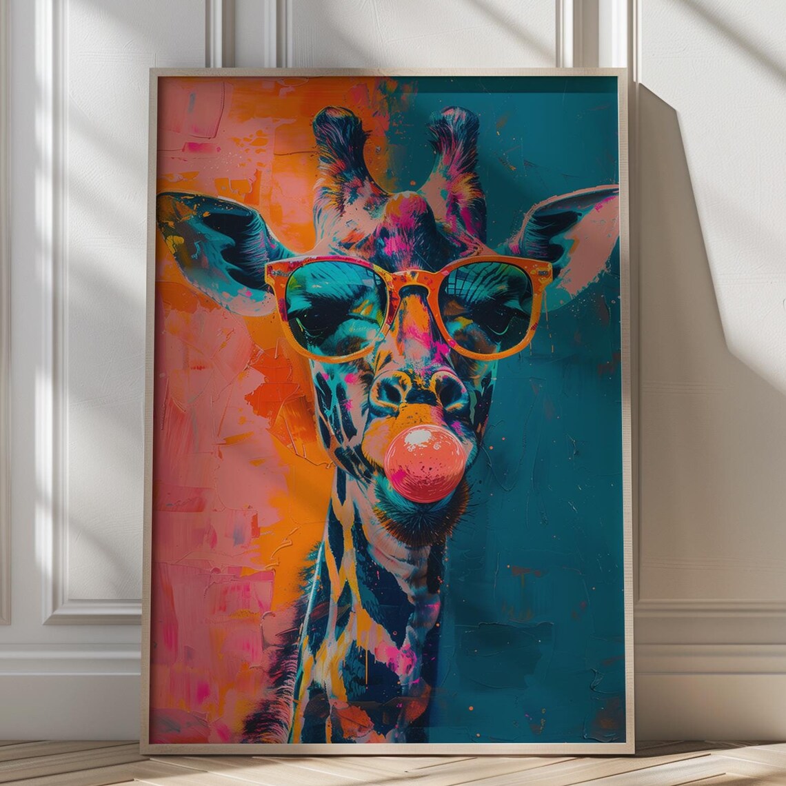 Giraffe in Sunglasses Blowing a Pink Bubblegum Pop Art Poster