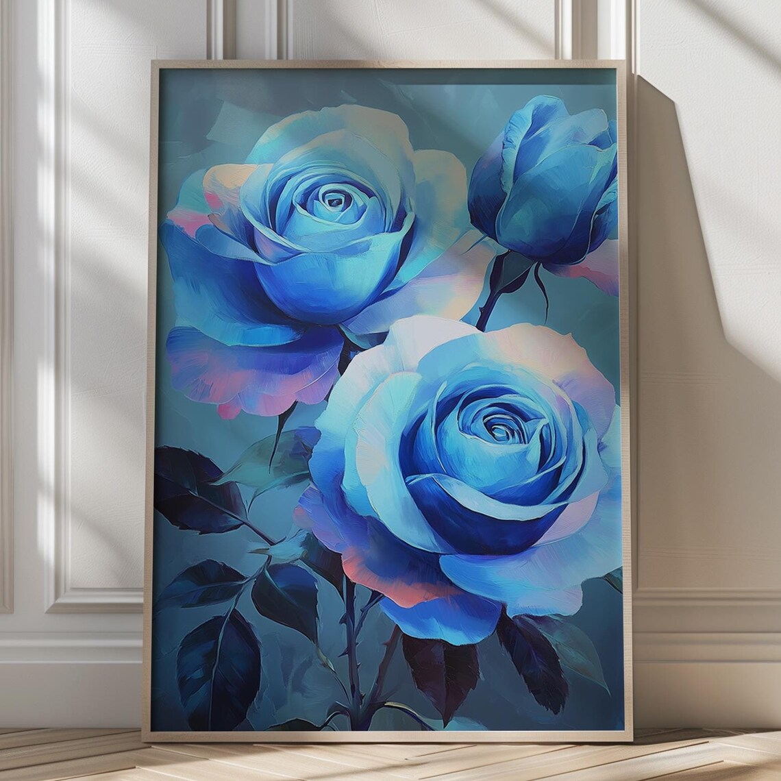 Elegant Blue Roses Moody Floral Oil Painting Botanical Poster