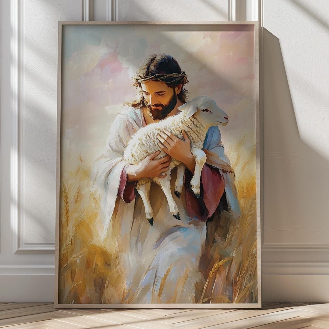 Jesus Carrying a Lamb Through a Golden Wheat Field Art Poster