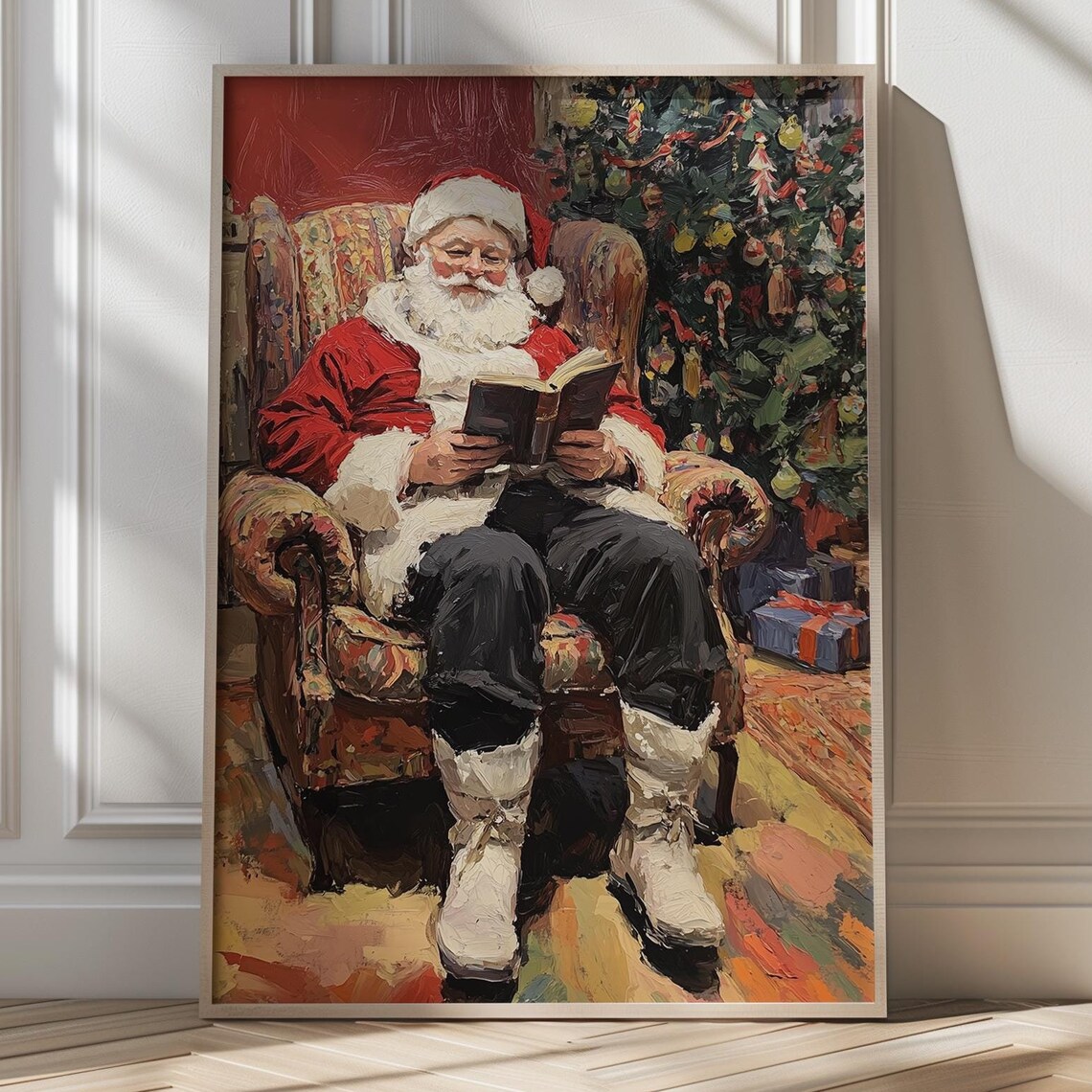 Santa Reading by the Tree Cozy Christmas Art Poster Festive Home Decor
