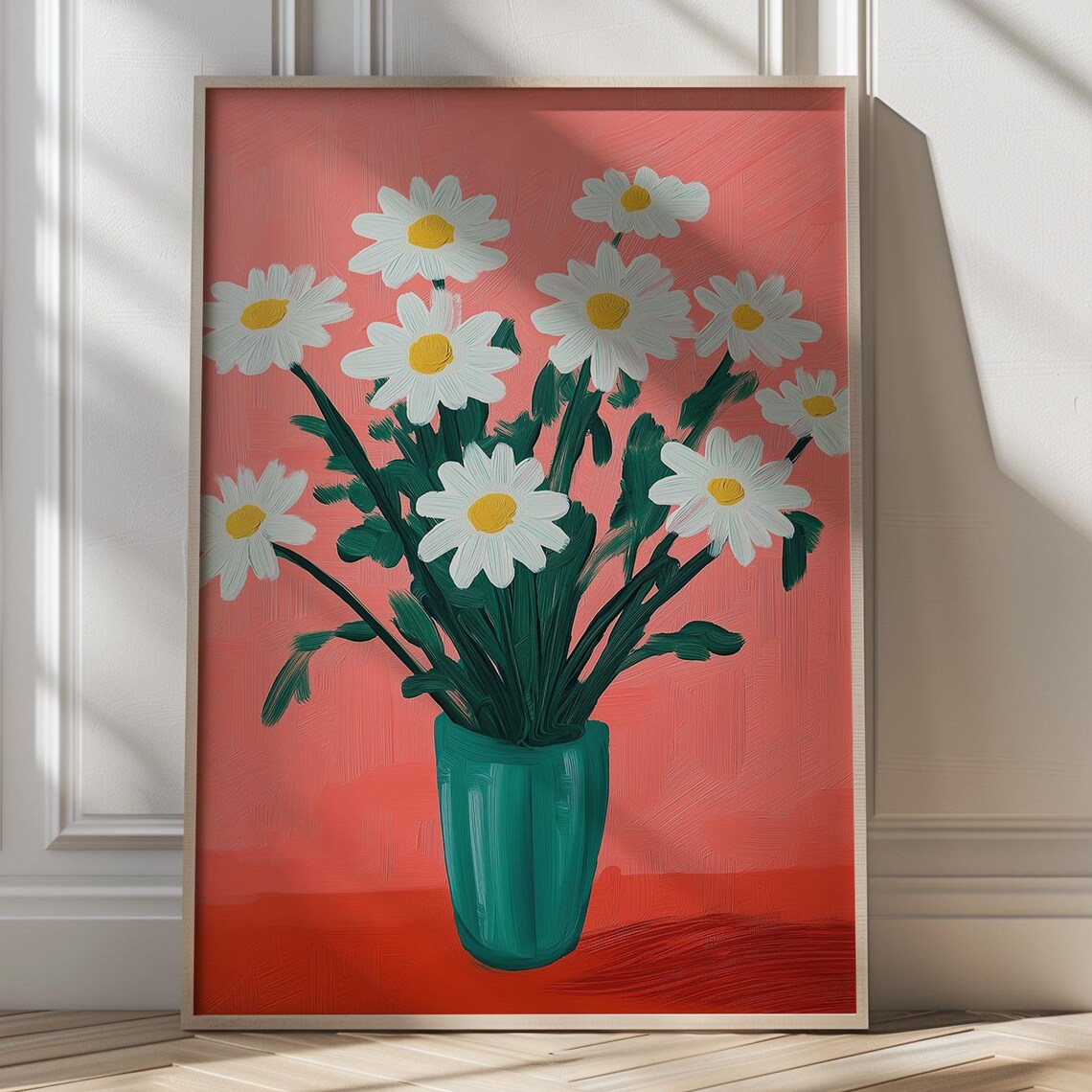 White Daisies in Teal Vase on Coral Background Floral Art Poster