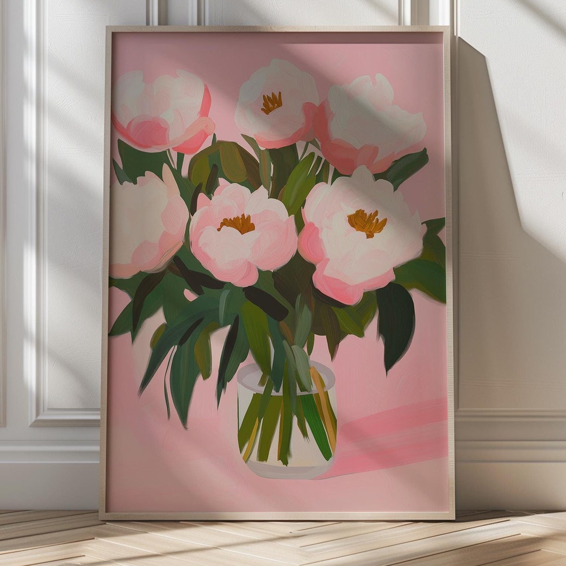 Soft Pink Peonies in Glass Vase Romantic Blush Floral Art Poster
