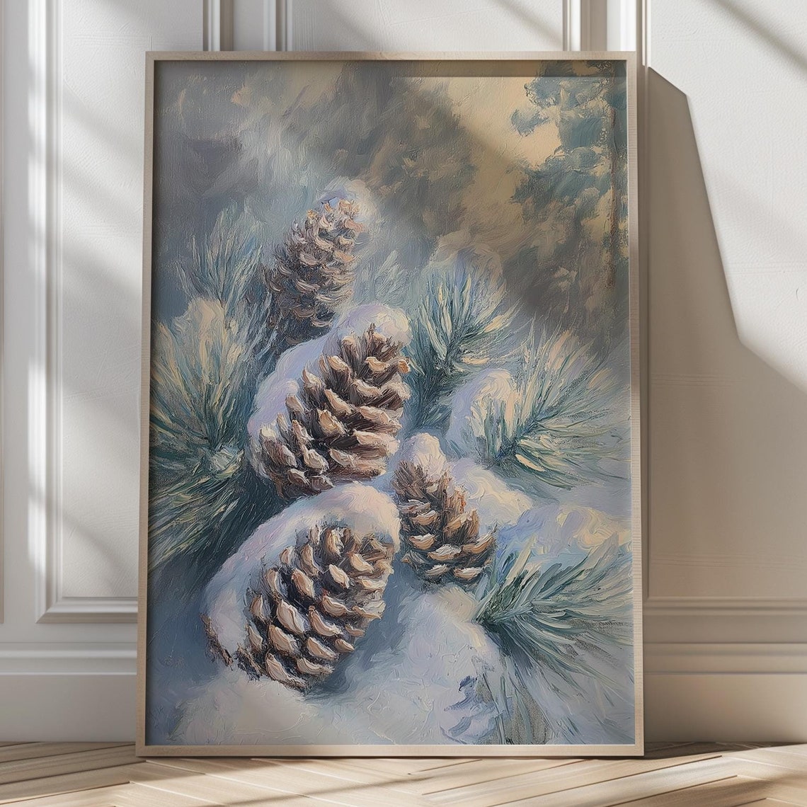 Snow Covered Pinecones Resting On Frosty Pine Branches Winter Poster