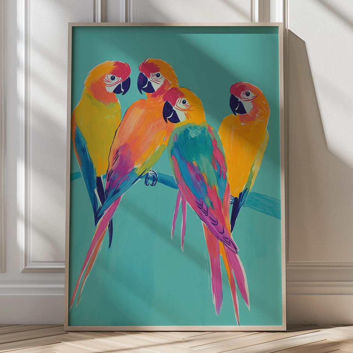 Four Rainbow-Colored Parrots Perched on a Teal Background Poster