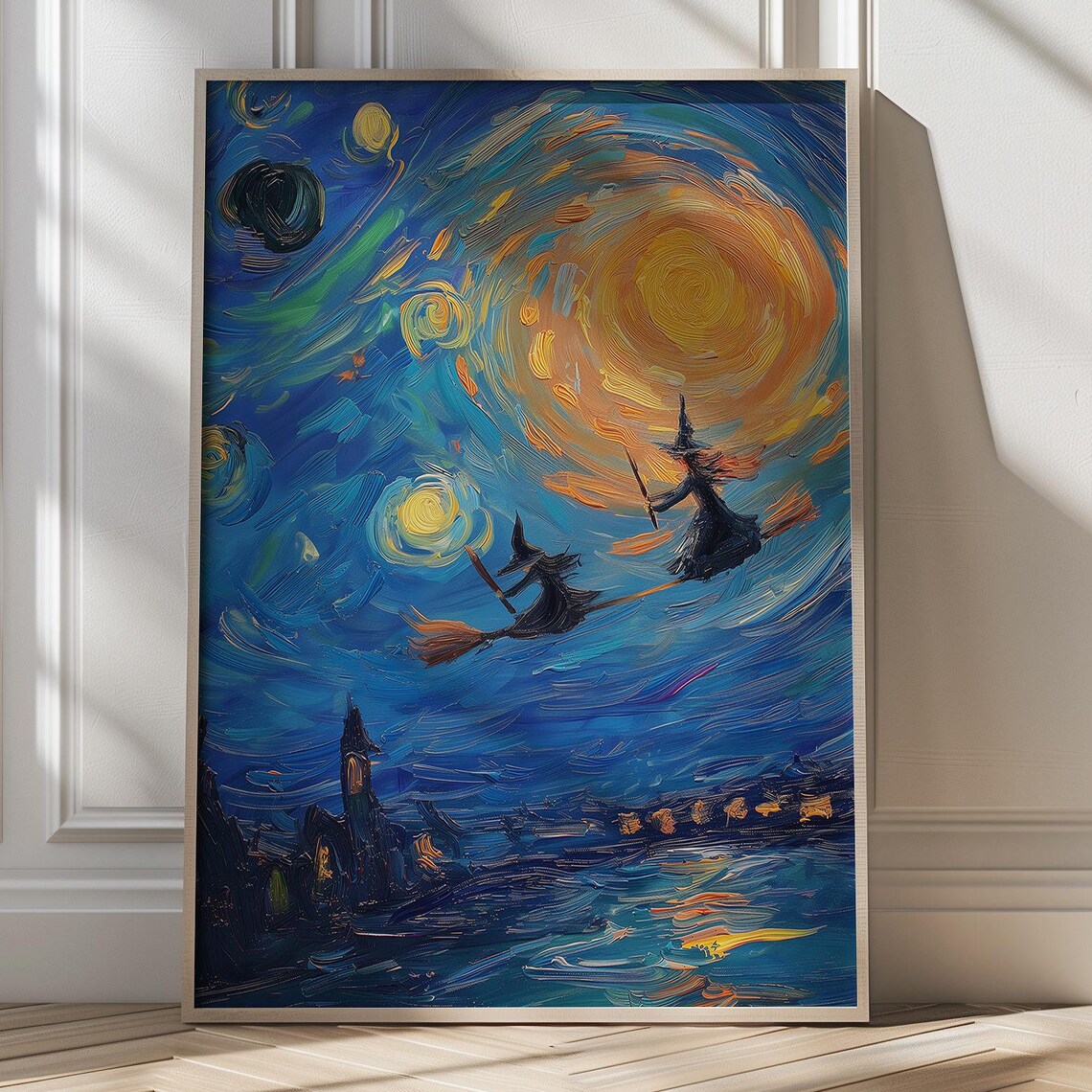 Witches Flying in Starry Night Art Poster Van Gogh Style Halloween Decor