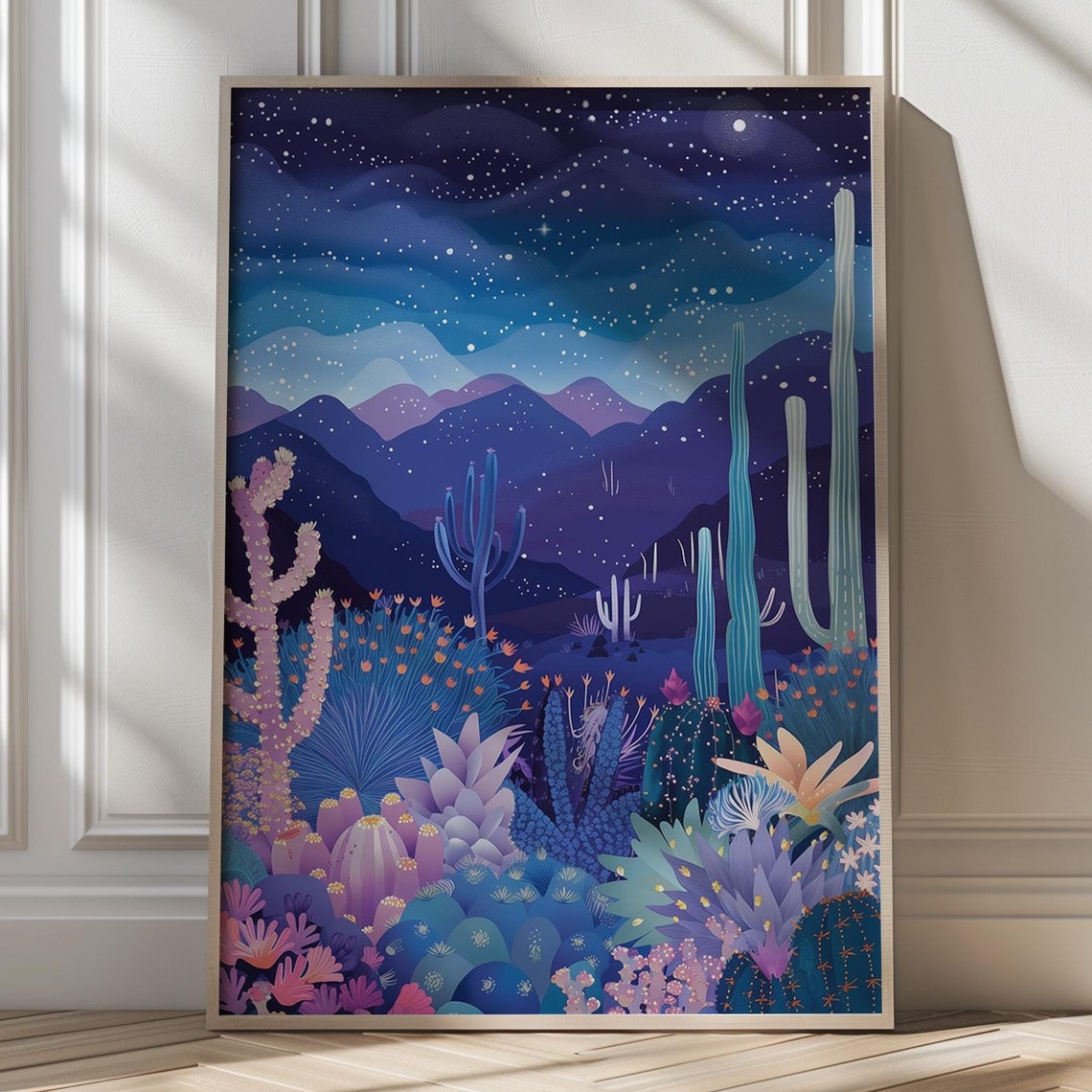 Starry Night Desert Cactus Landscape Purple Mountain Wall Poster