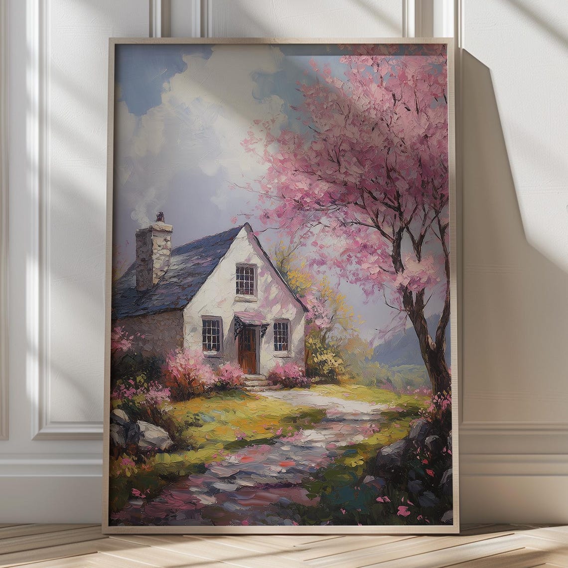 Charming Spring Cottage with Pink Blossom Tree Rustic Art Poster