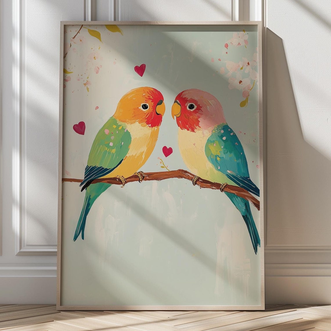 Colorful Lovebirds Pair Cherry Blossom Romantic Valentine Poster