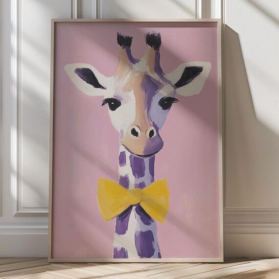 Adorable Purple Giraffe With Yellow Bow on Pink Nursery Poster