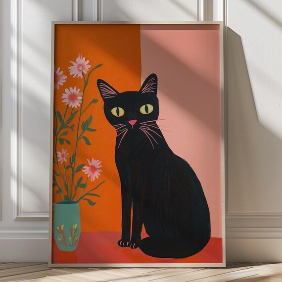 Black Cat with Pink Daisies on Warm Orange Botanical Art Poster