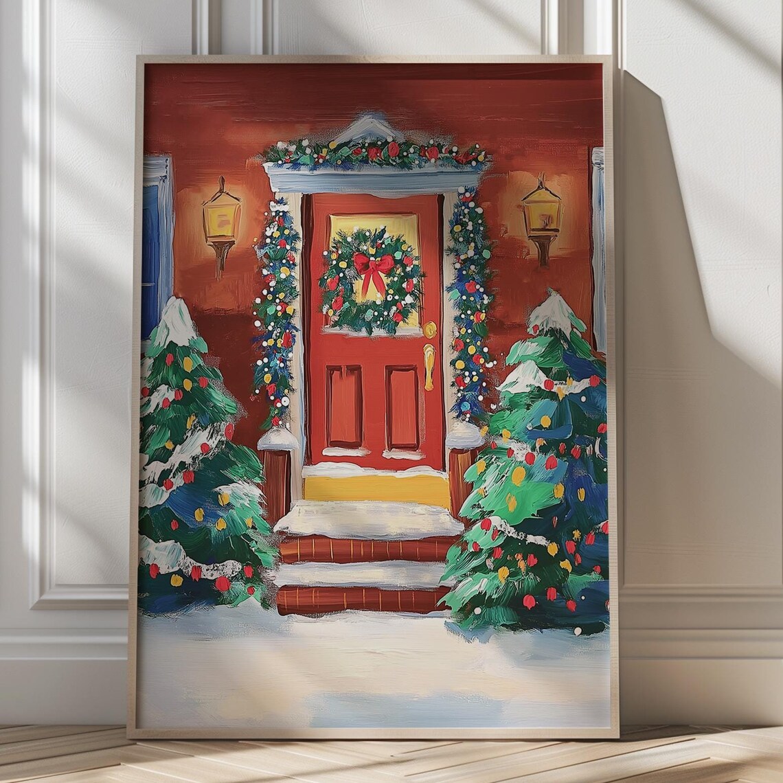 Festive Red Door With Christmas Wreath And Snowy Porch Poster
