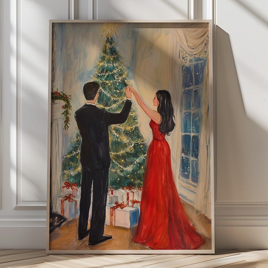 Romantic Couple Decorating Christmas Tree Star Topper Poster