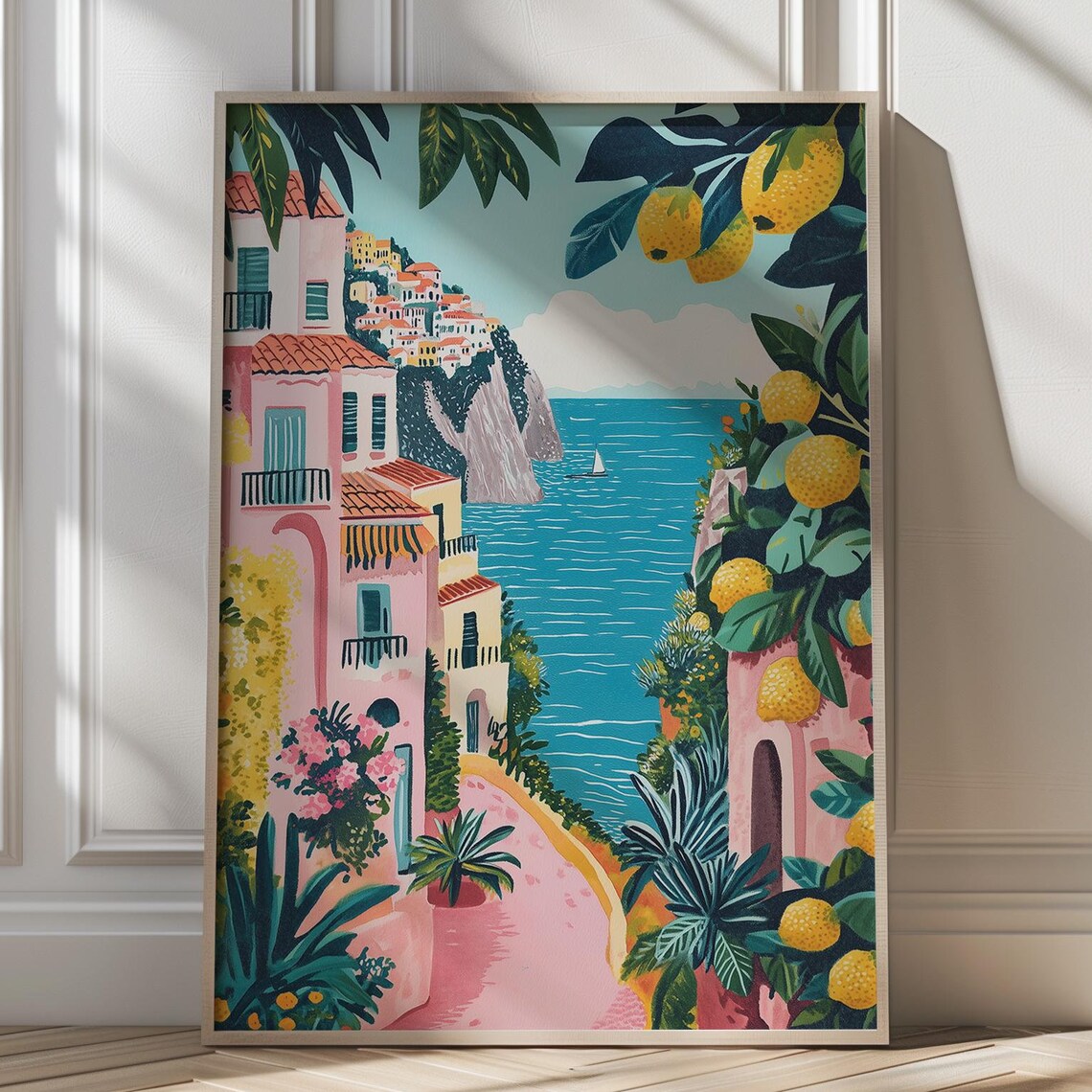 Amalfi Coast Village with Lemons and Turquoise Sea Travel Poster