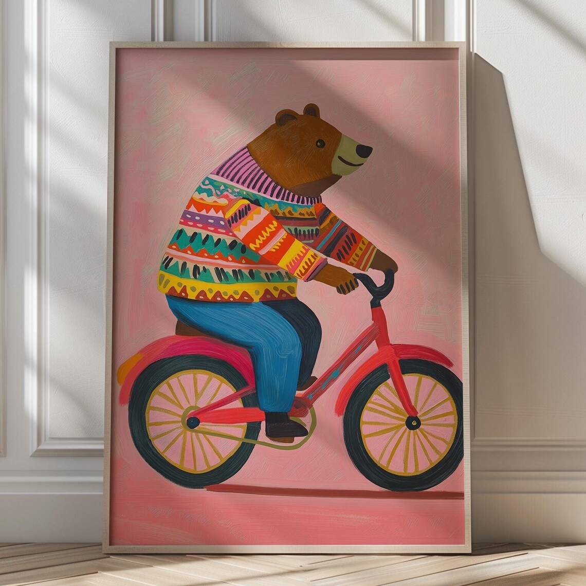 Bear in Colorful Sweater Riding Red Bicycle Fun Kids Art Poster