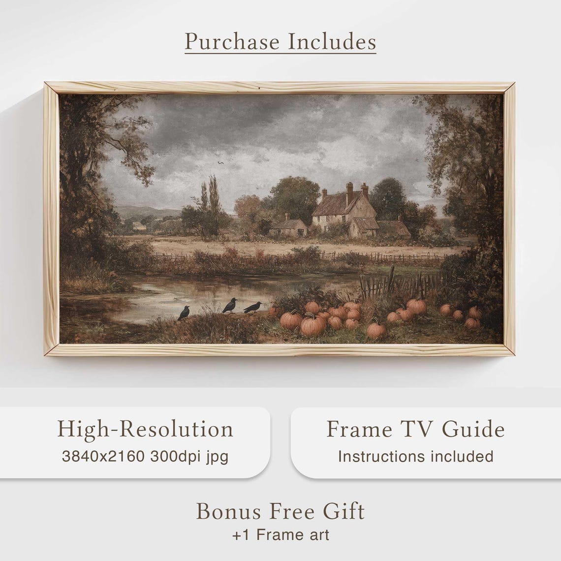 Old Rustic Farmhouse by Pond Pumpkins Crows Autumn Scene Poster - Image 4