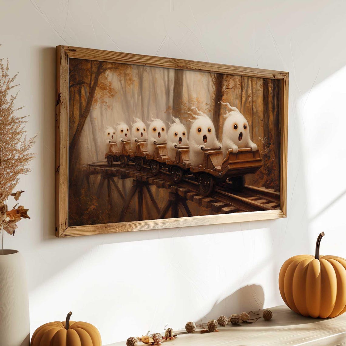 Cute Ghosts Riding Roller Coaster Through Autumn Forest Art Poster - Image 3