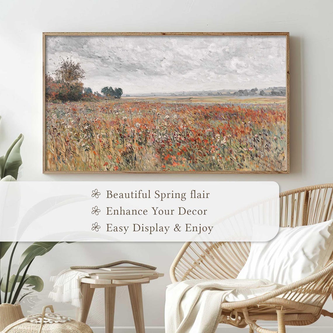 Windy Poppy Meadow Under Cloudy Sky Impressionist Floral Poster - Image 5